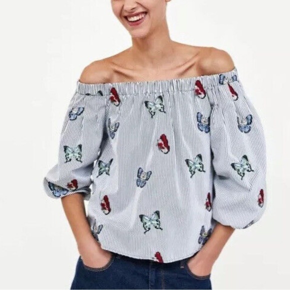 Zara embroidered butterfly striped puff sleeve top off shoulder size medium - Picture 2 of 6